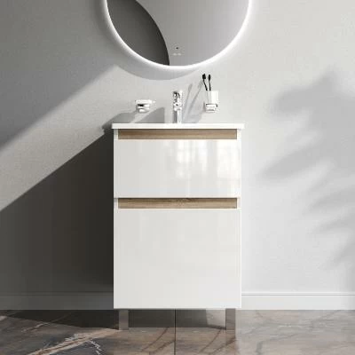 Тумба с раковиной и смесителем 55 AM.PM X-Joy M85AFSX0552WG напольная на ножках белый глянец