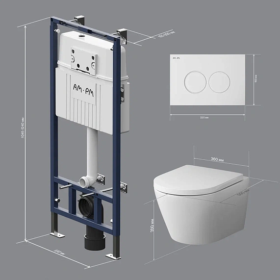 Унитаз подвесной безободковый с инсталляцией AM.PM Sense IS100101.741701 сиденьем микролифт, белой механ. клавишей-9