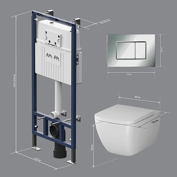 Унитаз подвесной безободковый с инсталляцией AM.PM Gem IS100251.901701 сиденьем микролифт, хром механ. клавишей-9