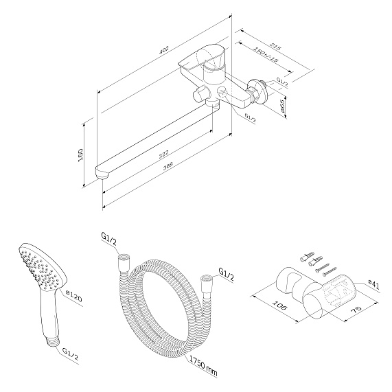 Смеситель для ванны и душа AM.PM Gem F90A95000 длинный излив, душевая лейка, шланг 1750, хром-9