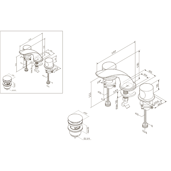 Смеситель для раковины (умывальника) AM.PM Sensation F3008000 с донным клапаном, трехсекционный, хром-6