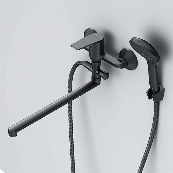 Смеситель для ванны и душа AM.PM Gem F90A90122 длинный излив, душевая лейка, шланг 1500, черный-2