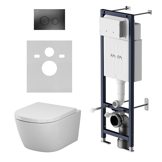 Унитаз подвесной с инсталляцией AM.PM Libre IS110338.601900 сиденьем микролифт, черной механ. клавишей