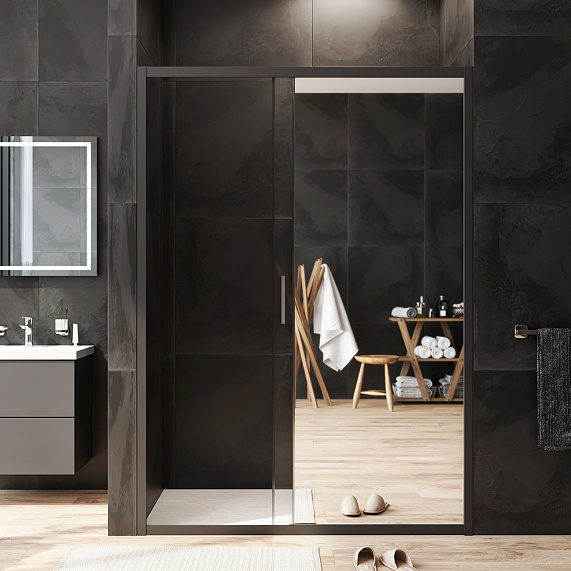 Душевая перегородка с дверью 140x195 AM.PM Gem W90G-140-1-195BMir зеркальное стекло, профиль черный матовый-2