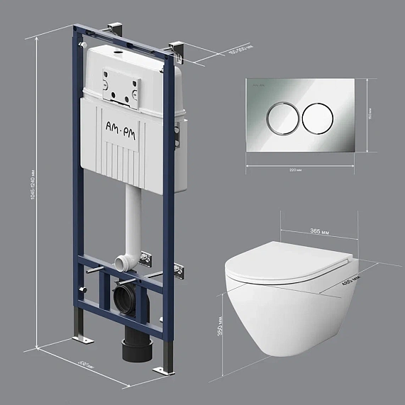Унитаз подвесной безободковый с инсталляцией AM.PM Spirit 2.0 IS100151.701700 сиденьем микролифт, хром механ. клавишей-9