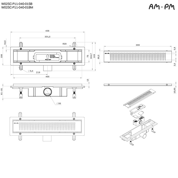 Душевой трап (лоток) 40 AM.PM PrimeFlow W02SC-P11-040-01SB комбинированный затвор со стальной матовой решеткой-11