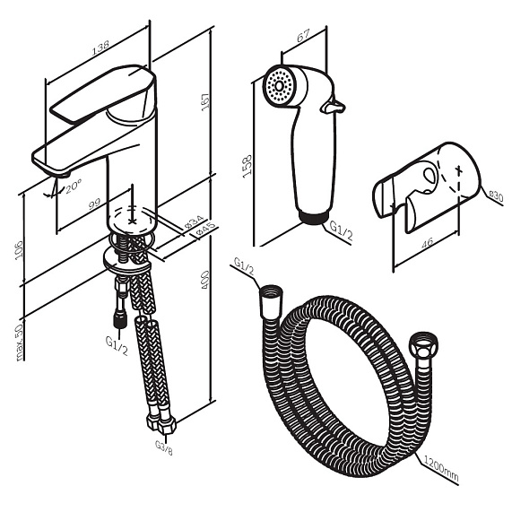 Смеситель для раковины (умывальника) AM.PM Gem F90A03022 c гигиеническим душем, черный-10