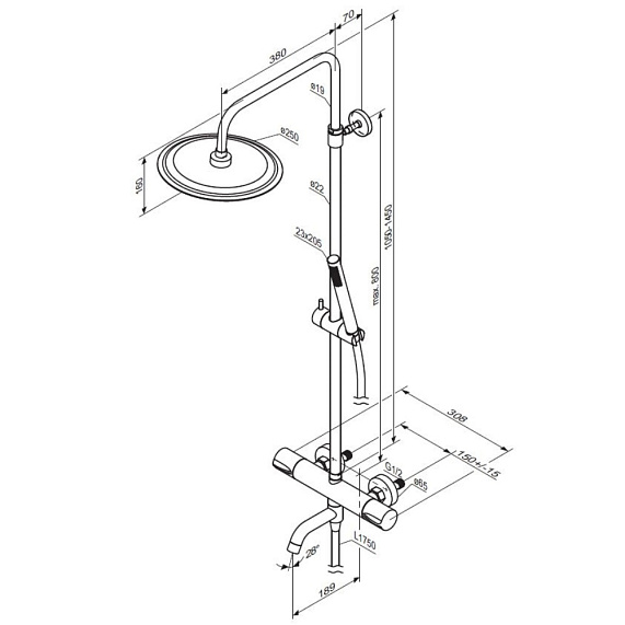 Душевая система Damixa Scandinavian Pure 936810300 стойка с тропическим душем, термостатом, смесителем, изливом, черная матовая-6